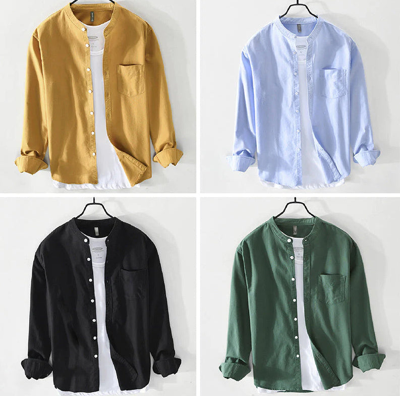 Fashion Stand-Up Collar Solid Color Simple Youth Long-Sleeved Cotton Shirt