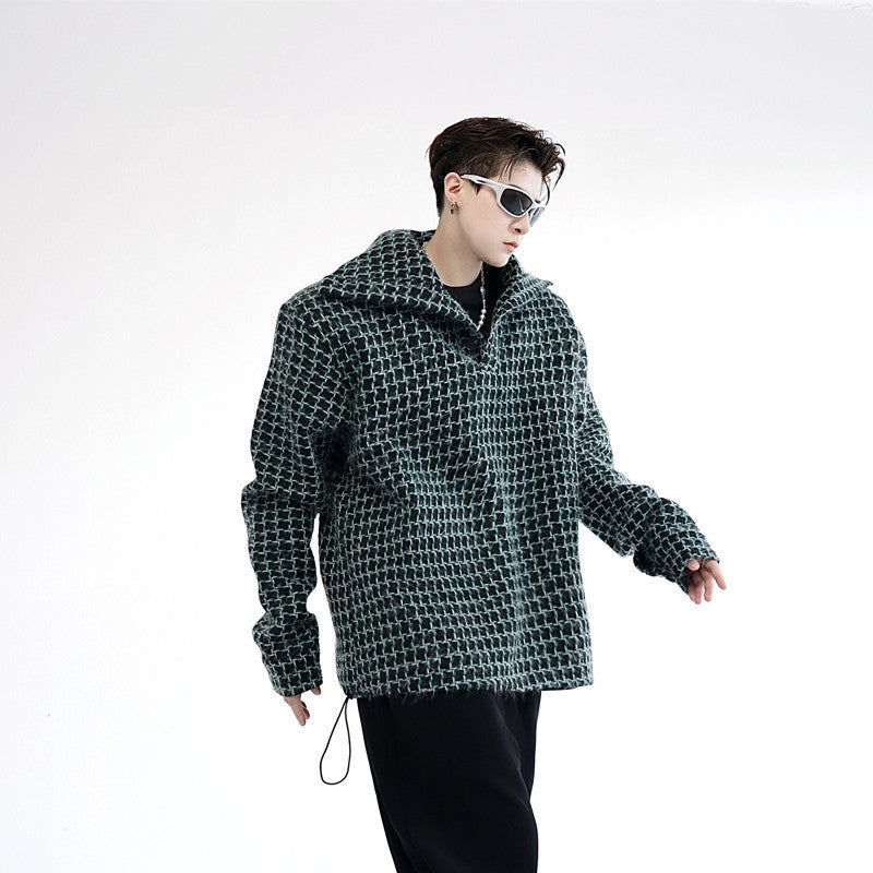 Plaid Woolen Cloth Turtleneck Pullover Sweater