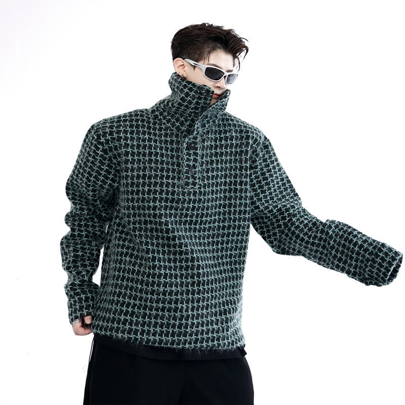 Plaid Woolen Cloth Turtleneck Pullover Sweater